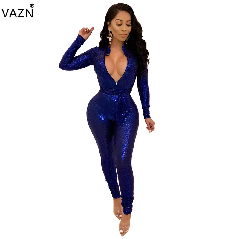 

VAZN Autumn 2019 Top Quality High Sexy Party Design Women Jumpsuits Solid Full Sleeve Skinny Novelty Women Long Romper ME200