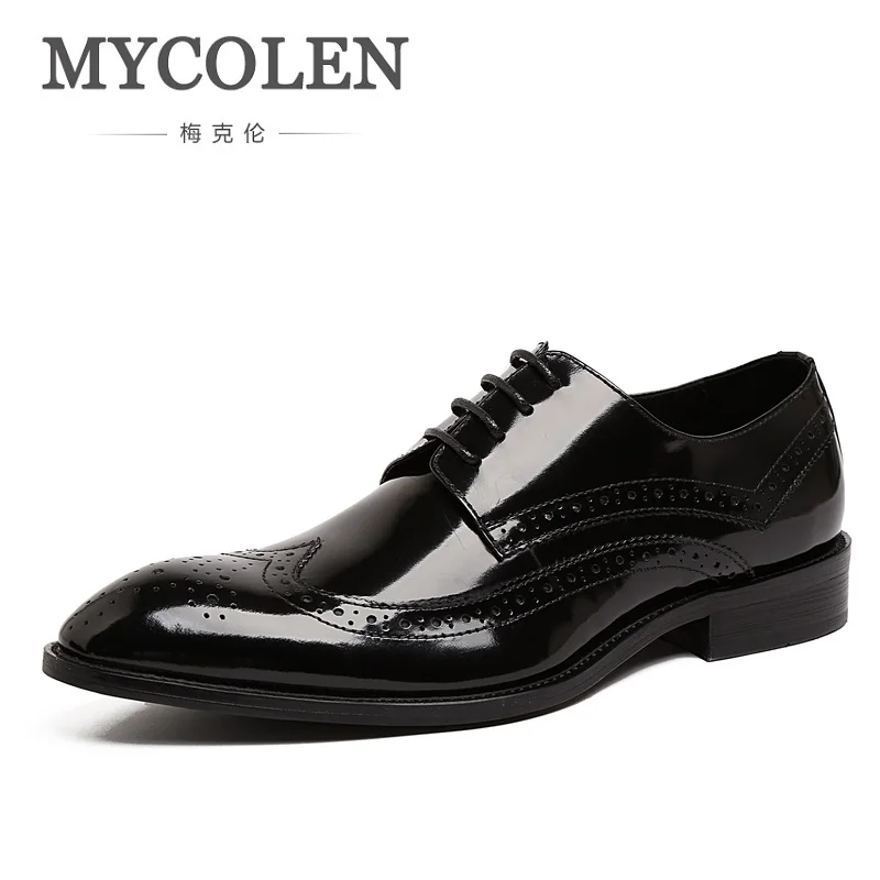 

MYCOLEN Brand Italian Mens Formal Shoes Genuine Leather Handmade Pointed Toe Carved Men Oxfords Shoes For Wedding Business
