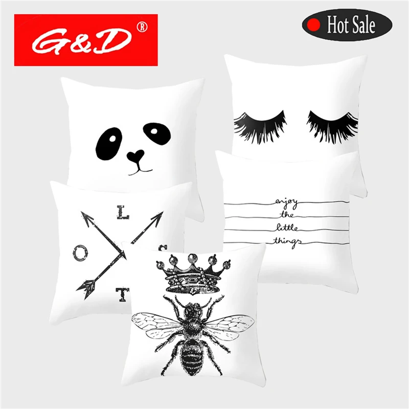 

Simple Black and White Geometric Cushion Cover Polyester Text Panda Eyes Love Print Home Decoration Sofa Chair Car Pillowcase.