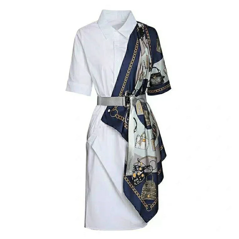 

PERHAPS U print shirt dress patchwork sash knee length short sleeve turn down collar D1030