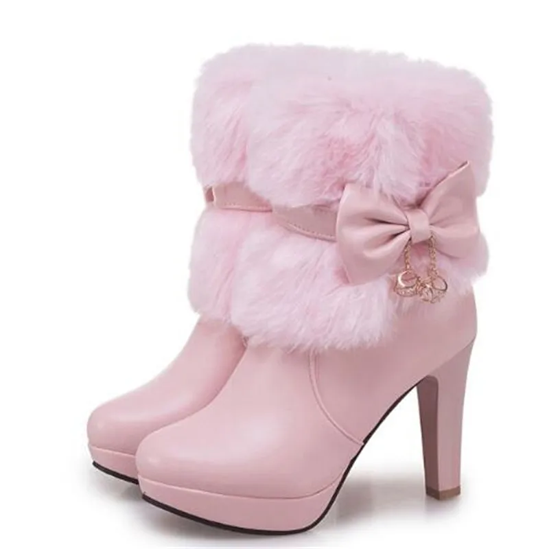 Women Boots Autumn and winter New style Sweet princess High-heeled Short boots Cashmere Keep warm Bow Women Boots size 34-43