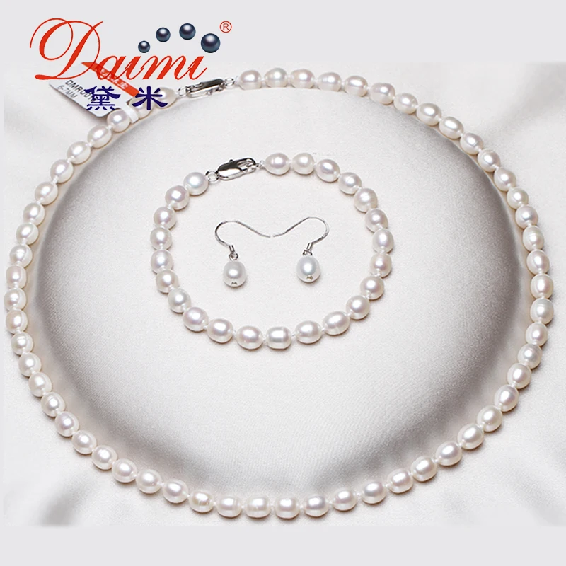 

DMSFP024 6-7mm Natural Pearl Jewelry Sets Real 925 Sterling Silver Rice Pearl For Women