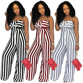 

New Fashion Women Striped High Waist Jumpsuit Sleeveless Lace Up Wide Leg Ladies Summer Casual Jumpsuit Clubwear Outfit