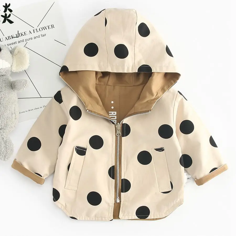 buy Girl coat Autumn new Tide Korean children's hooded top baby wave dot both sides wear windbreaker to