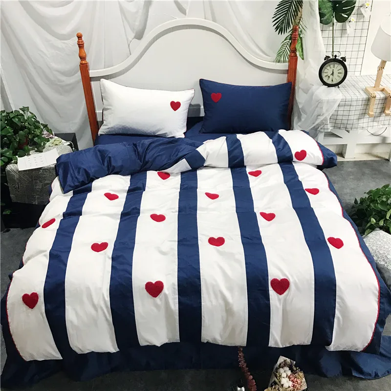 IvaRose Blue white heart shaped embroidery bedding set bed cover+bed sheet+pillowcase egyptian
