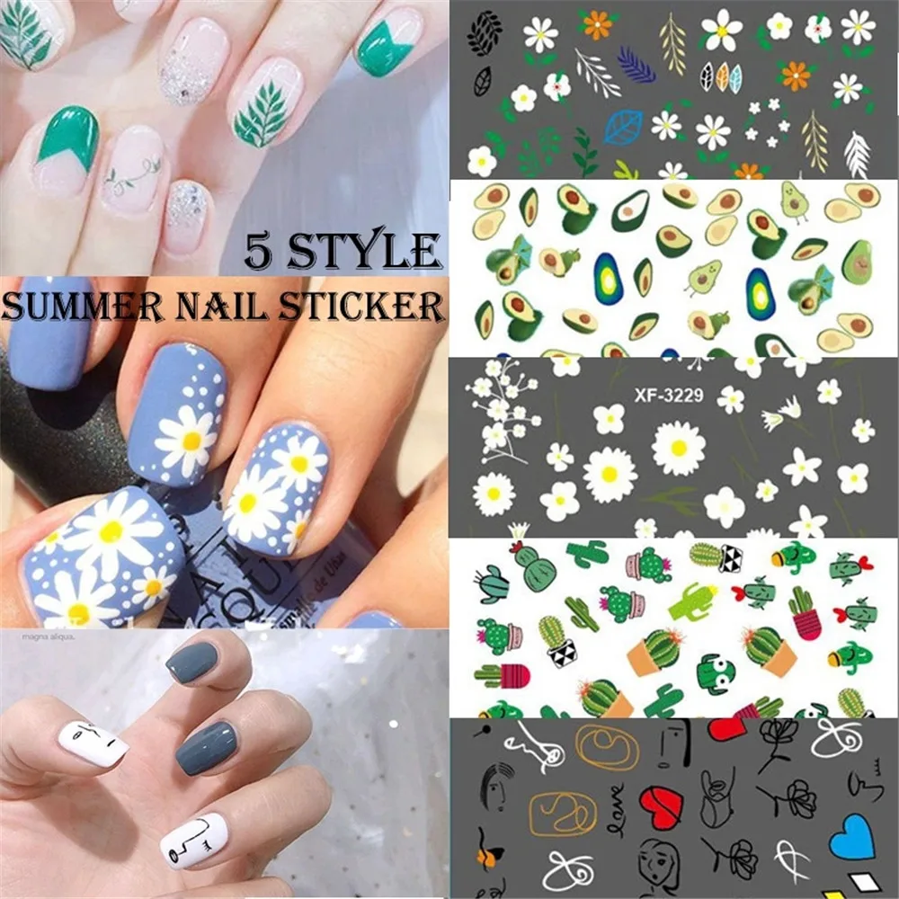 

New 5 Styles Summer Nail Art Stickers Flower One Line Cactus Avocado Watermark Transfer Nail Decals Flora Nail Design Nail Tools