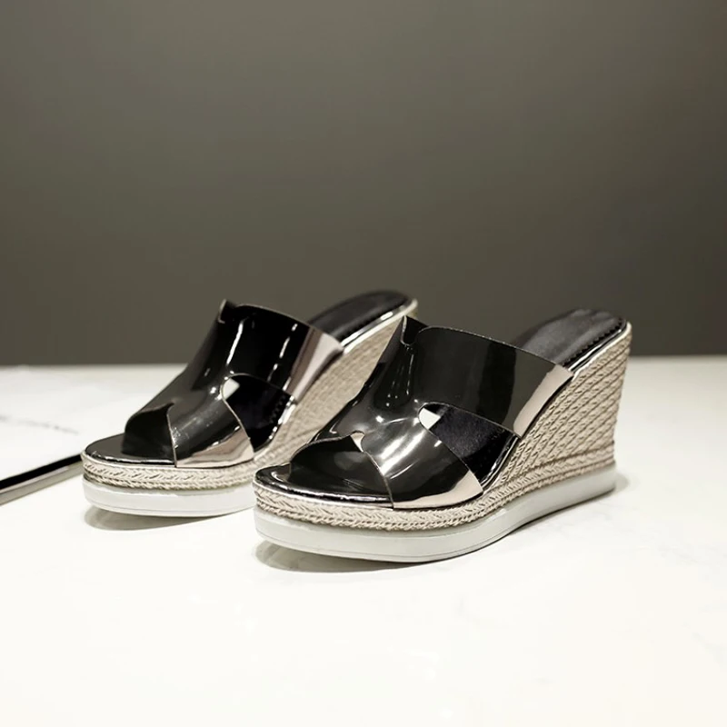 Big Size 33-43 Summer Woman Shoes Platform Metallic Leather Pink Slides Wedge Beach High Heel Slippers For Women Blue Lady Shoes (5)