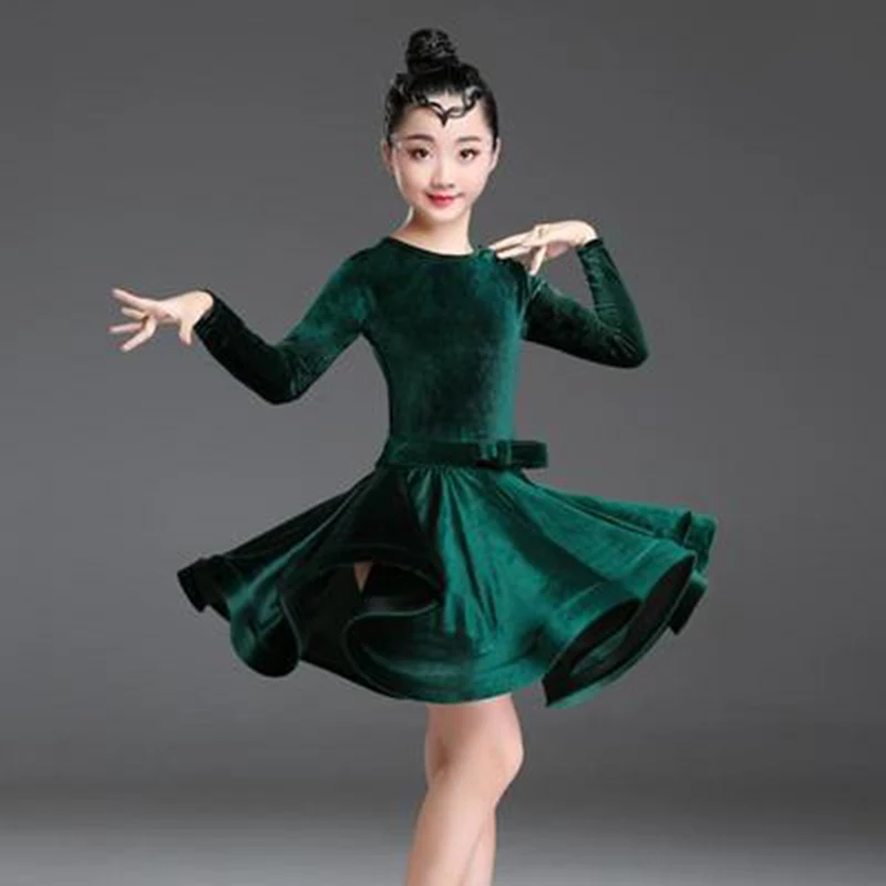 

2019 Girls Latin Dresses for Dancing Ballroom Dance Dress Rumba Samba Velvet Children Samba Cha Cha Tango Skirt Standard Salsa