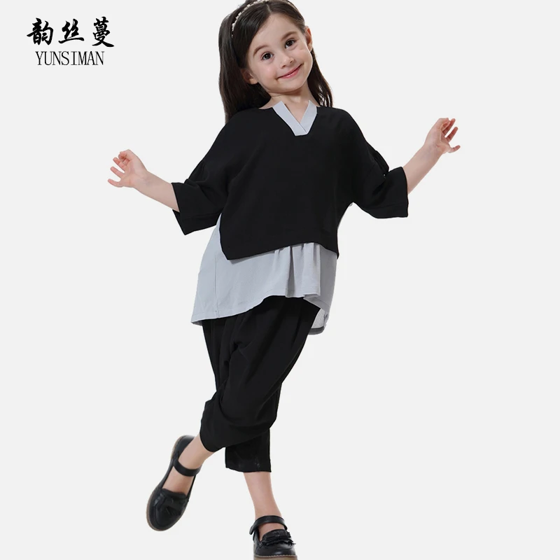 

Kids Clothing Set for Girls 2 4 6 8 10 12 to 14 Years Cute V-neck Loose T Shirt Calf Length Pants Muslim Summer Clothes 19L6A