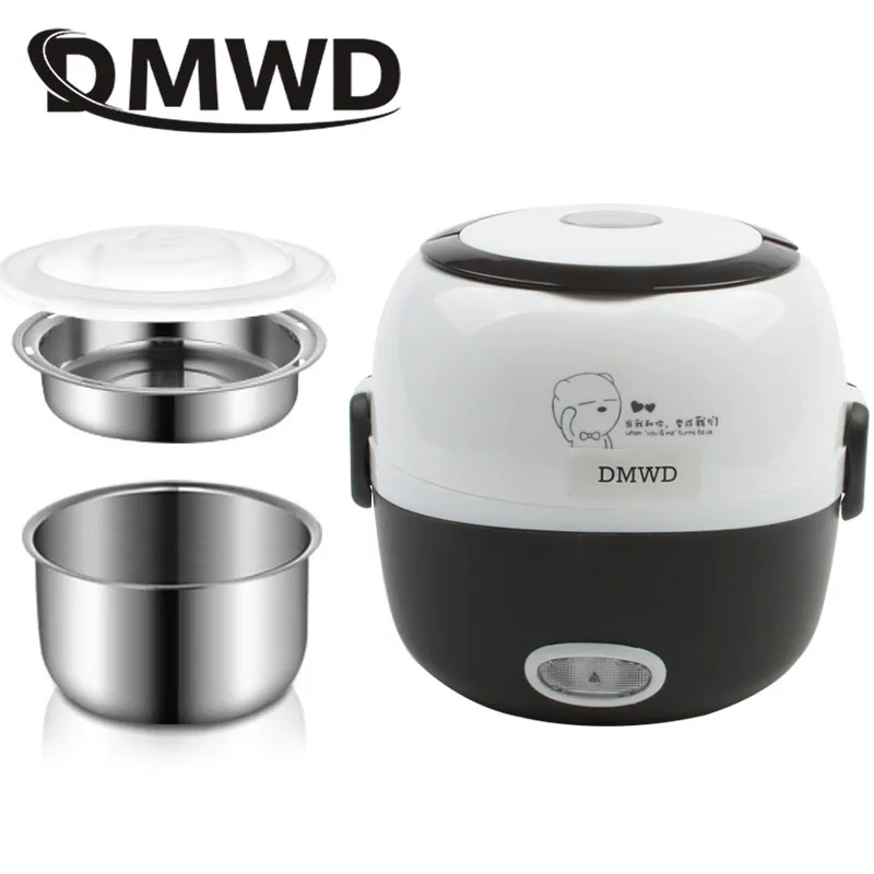 DMWD MINI Rice Cooker Thermal Heating Electric Lunch Box 1/2 Layers Portable Food Steamer Cooking Container Meal Lunchbox Warmer 2