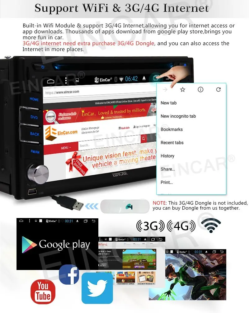 Clearance Eincar Quad-Core 64bit 6.2 Inch Android 6.0 HD Digital Multi-touch Screen in Dash Double din Car Stereo Autoradio Bluetooth GPS 4