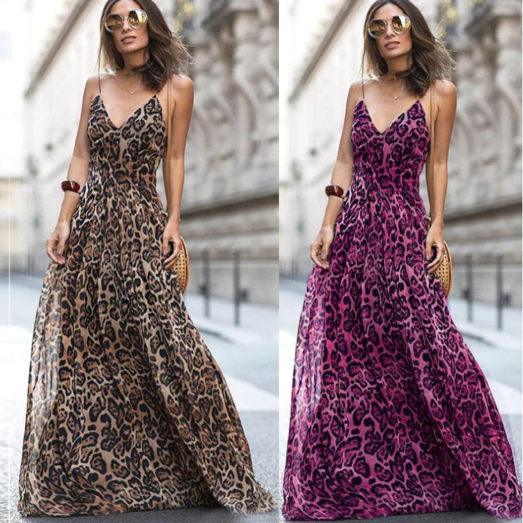 

Leopard Dress Sexy Club Dress 2019 Summer Fashion V Neck Long Women Party Night Floor Length Vestido Mujer Verano Dames Jurken