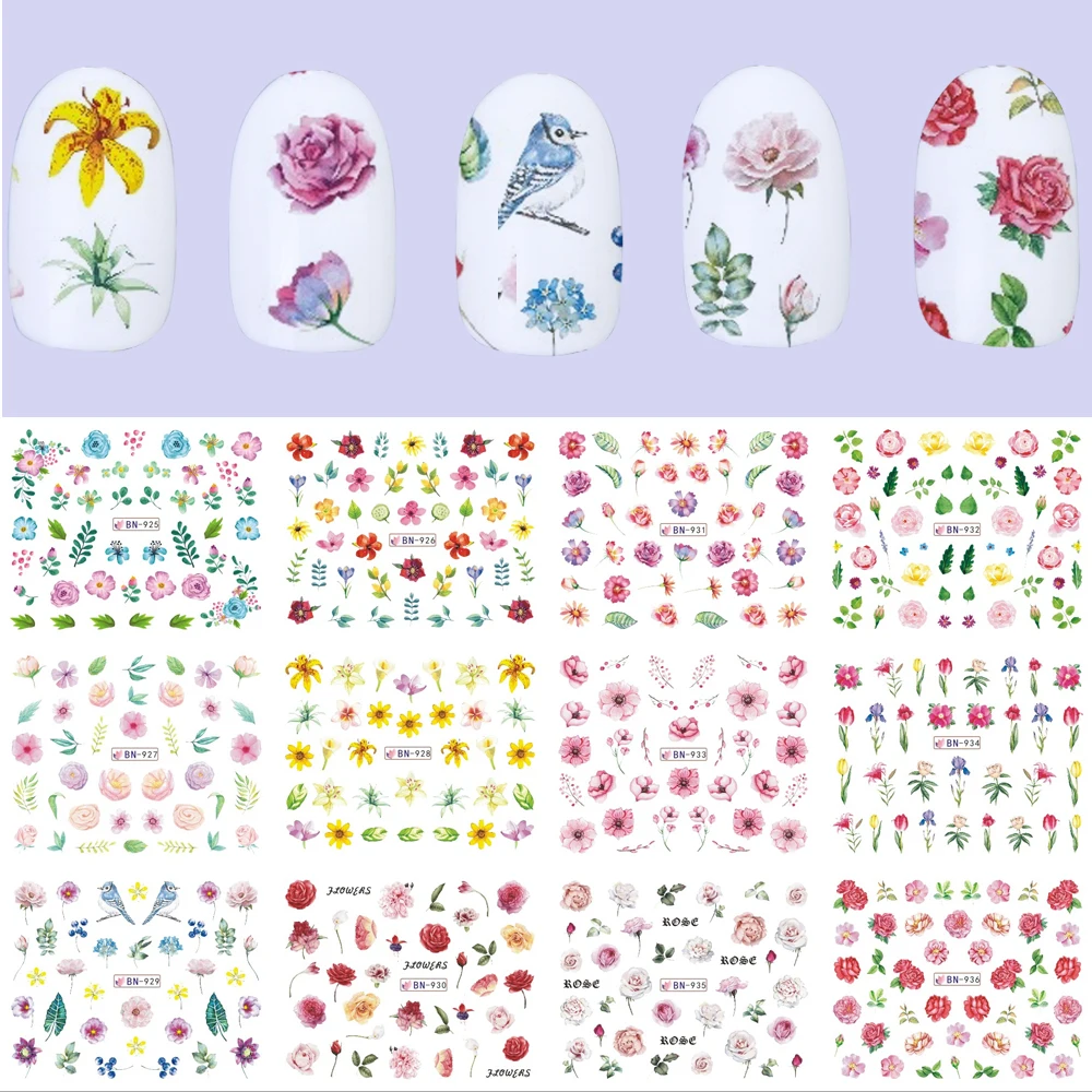 

Mixed 12 Designs Nail Water Stickers Beautiful Floral Series Water Transfer Sliders Red Rose Leaf Flowers Nail Wraps TRBN925-936