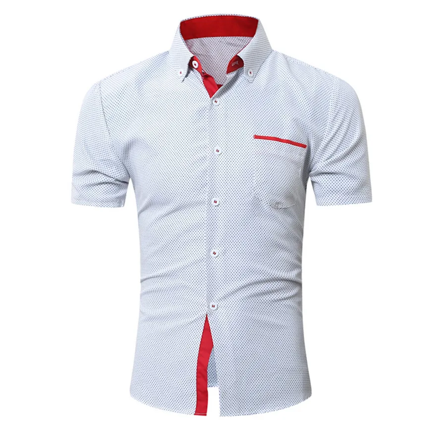 

Chamsgend Blouse Men Casual Slim Short Sleeve Dot Print Formal Business Shirts Summer Male Tops 80322