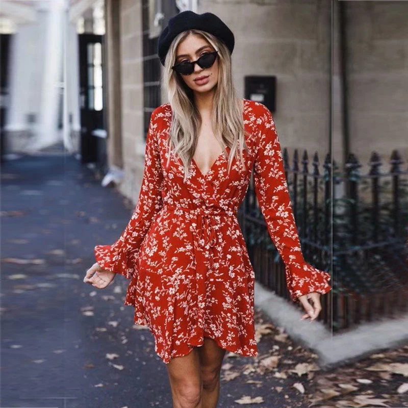 Red Floral Dress Autumn Long Sleeve ...