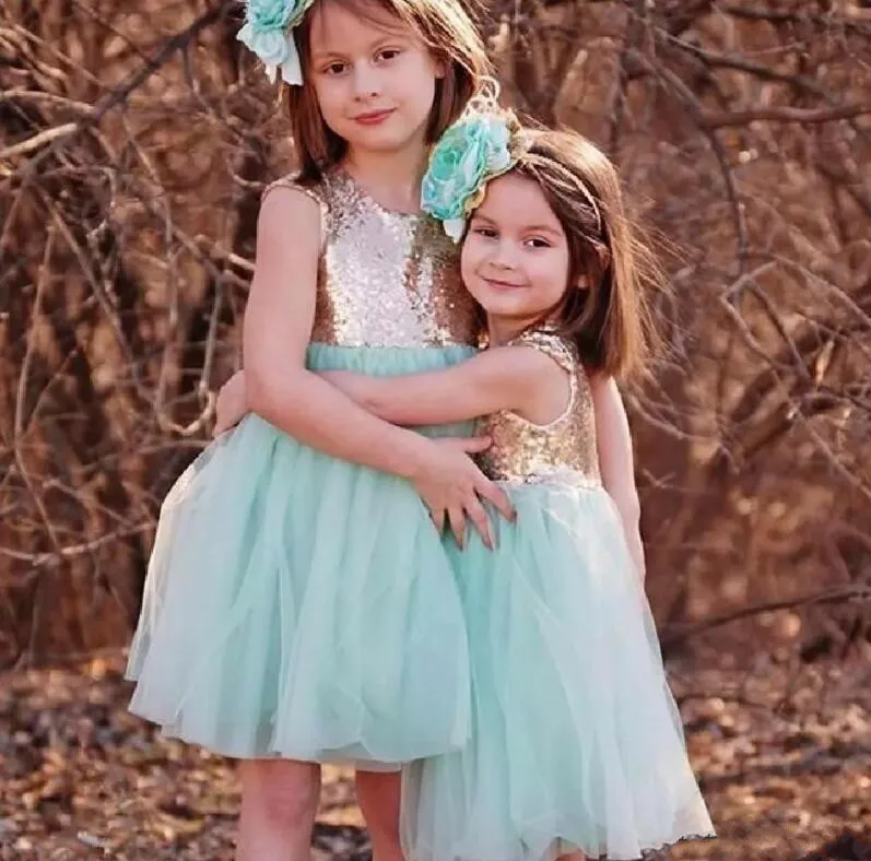 

New Sky Blue Tulle Shiny Sequins Knee Length Flower Girls Dresses for Wedding Girls Birthday Pageant Dress Customized Vestidos