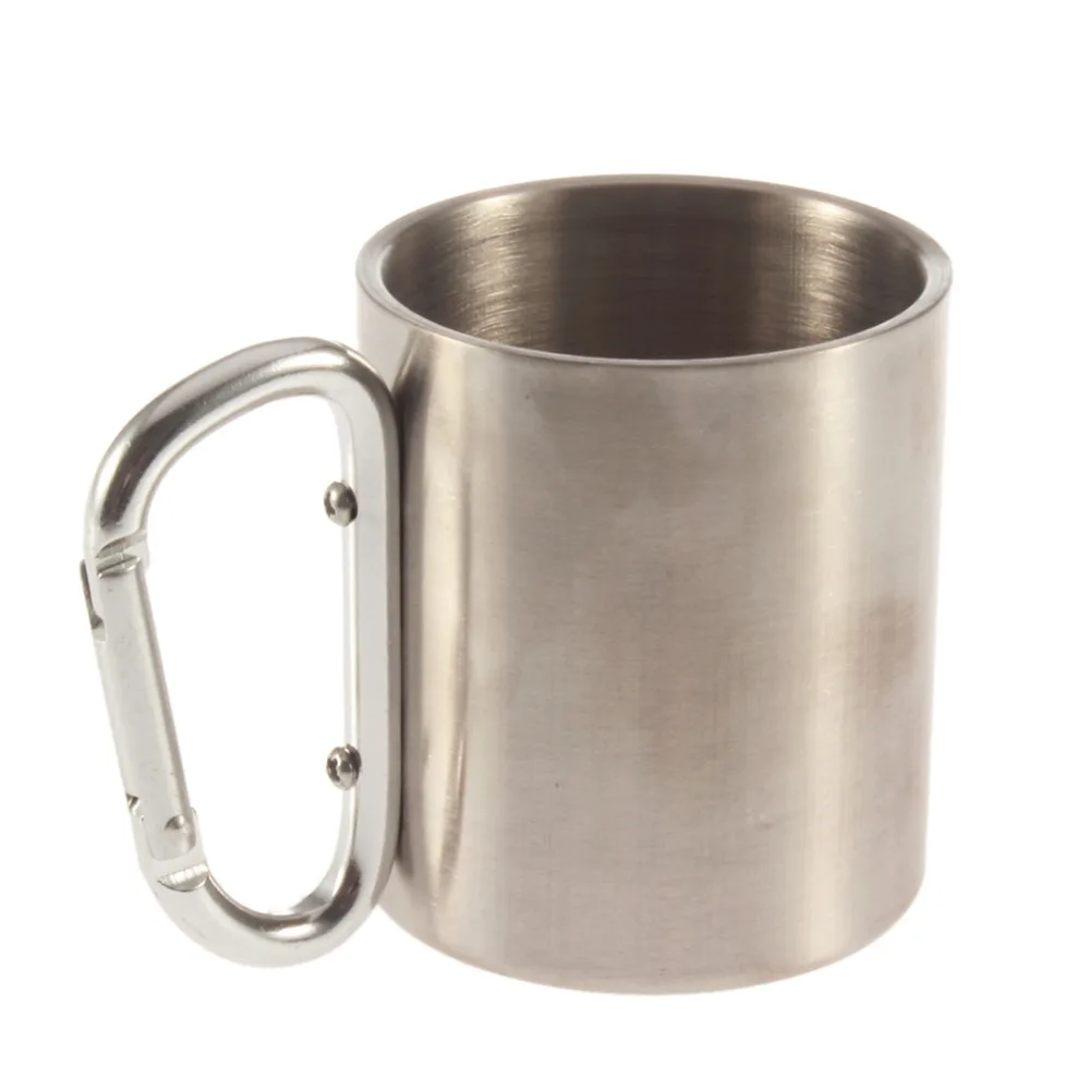 1pcs Steel Camping Cup Mug 220ml Traveling Carabiner Aluminium Hook Double Wall Stainless Dropshipping Newest free
