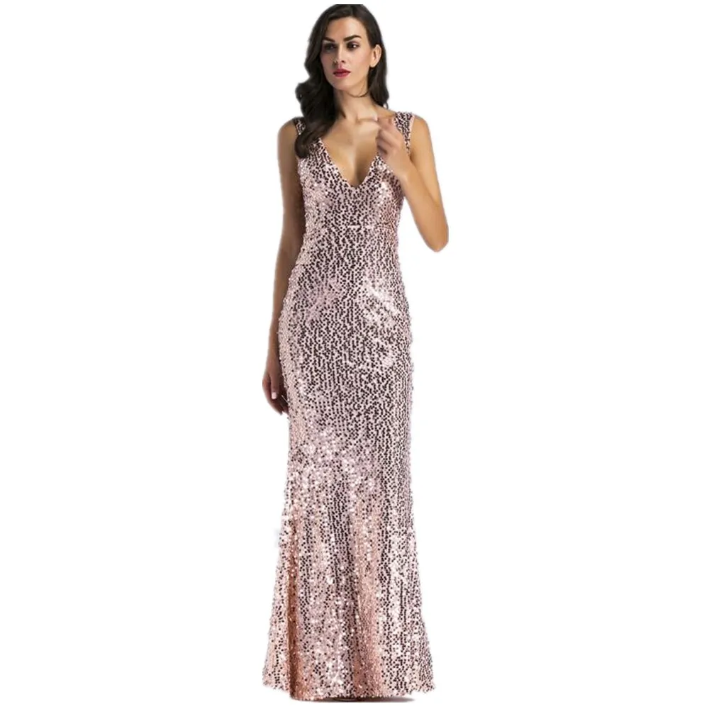 

HAMBELELA Women Sexy Gold Long Maxi Sequin Dress Elegant Christmas Backless Floor Length Luxury Nightclub Evening Party Dresses