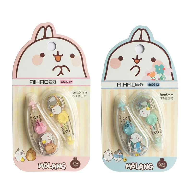 

2 Pcs/pack Happiness Molang Press Type Practical Correction Tape Diary Stationery School Supply For Students
