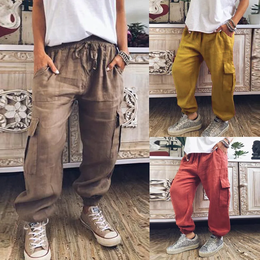 

Harem Pants Trousers Women Full Length Loose Jogger Women Drawstring Solid Color Trousers Cotton Linen Casual Loose Pants #50