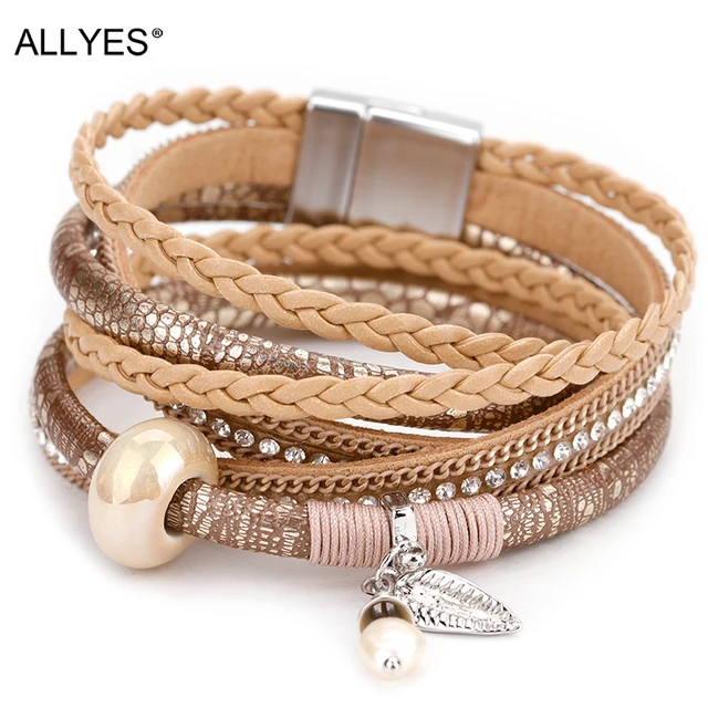 ALLYES Intrecciato Braccialetto di Cuoio per Le Donne Femme Naturale Perla Cysta ALLYES Intrecciato Braccialetto di Cuoio per Le Donne Femme Naturale Perla Cysta