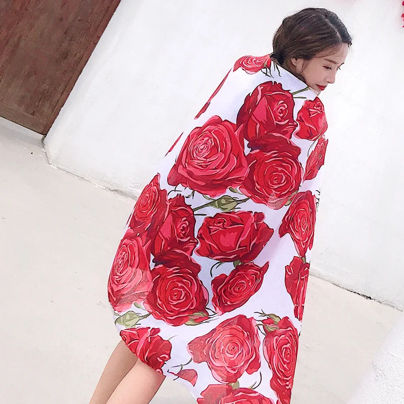 

Women Red Floral Scarf Summer Spring Silk Shawl Ponchos and Capes Head Scarf Hijab Scarves Luxury Soft Blanket Wrap Long Shawl