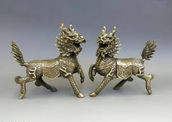 

China brass copper Feng Shui lucky Foo Dogs Lion kylin pair Sculpture Statue
