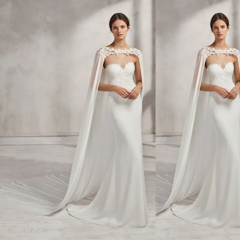 Wedding Bridal Long Cloak White , Ivory Bridal Dress Cape Chiffon Shawl with Lace Wraps Jacket