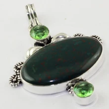 

Bloodstone & Peridots Pendant Silver Overlay over Copper ,61 mm, P1655