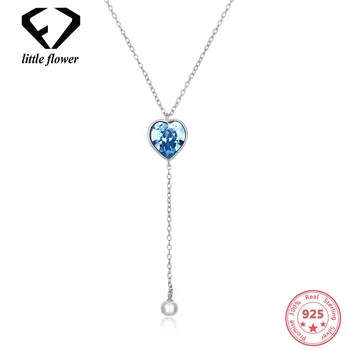 

Long Water Wave Chain Colar Necklace Sterling silver 925 Love Heart Pendant Pearl Women's Jewelry bijoux en argent