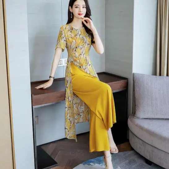 

2019 Summer Chiffon Printed Two Piece Sets Women Short Sleeve Long Blouses And Wide Leg Pants Elegant Fashion Women's Sets AE498