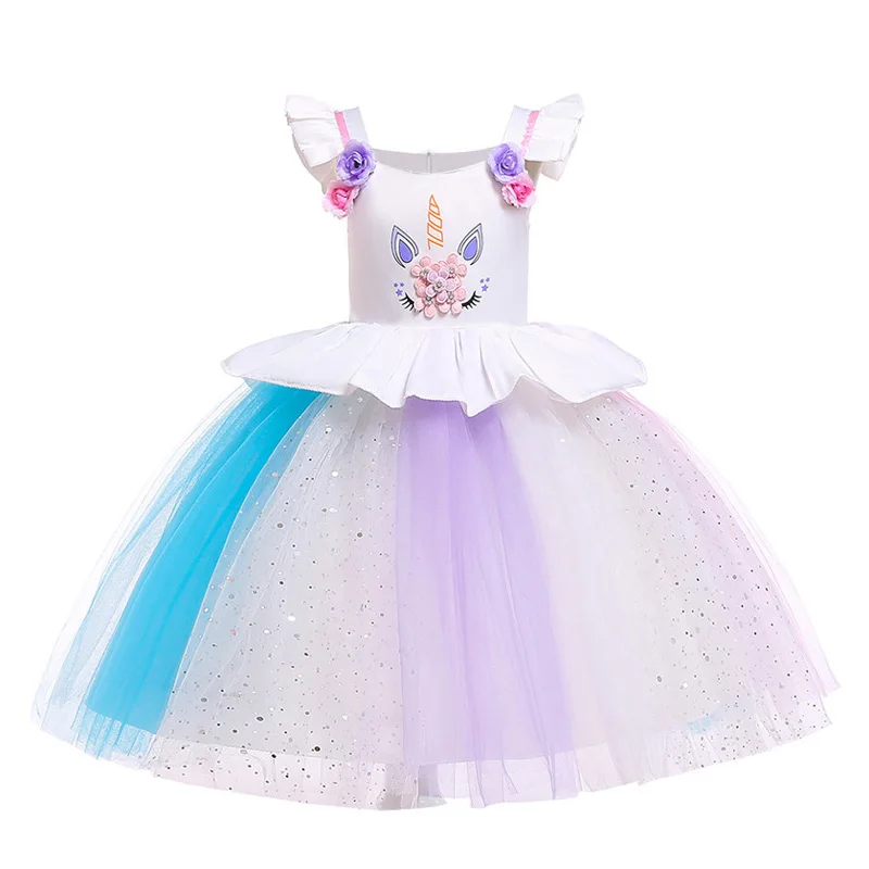 Разноцветное платье для девочек для костюмированной вечеринки с единорогом; платье принцессы с рукавами-крылышками; платья для дня рождения для девочек; Детский костюм на Хэллоуин с единорогом - Цвет: Unicorn Dress 03