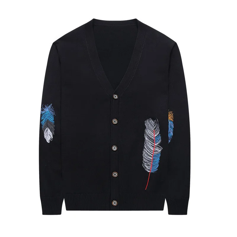 

Feather Embroidery Knitting Cardigan Male Vintage Sweaters Japanese Style V Neck Knitted Casual Men Cardigan Men's Clothing Coat