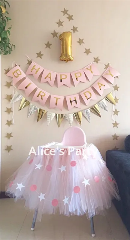 

New Girl Birthday Pink White Tutu Skirt Highchair Banner Star Garland Nursery Flag Photo Booth Bunting 16'' Gold Number Balloon