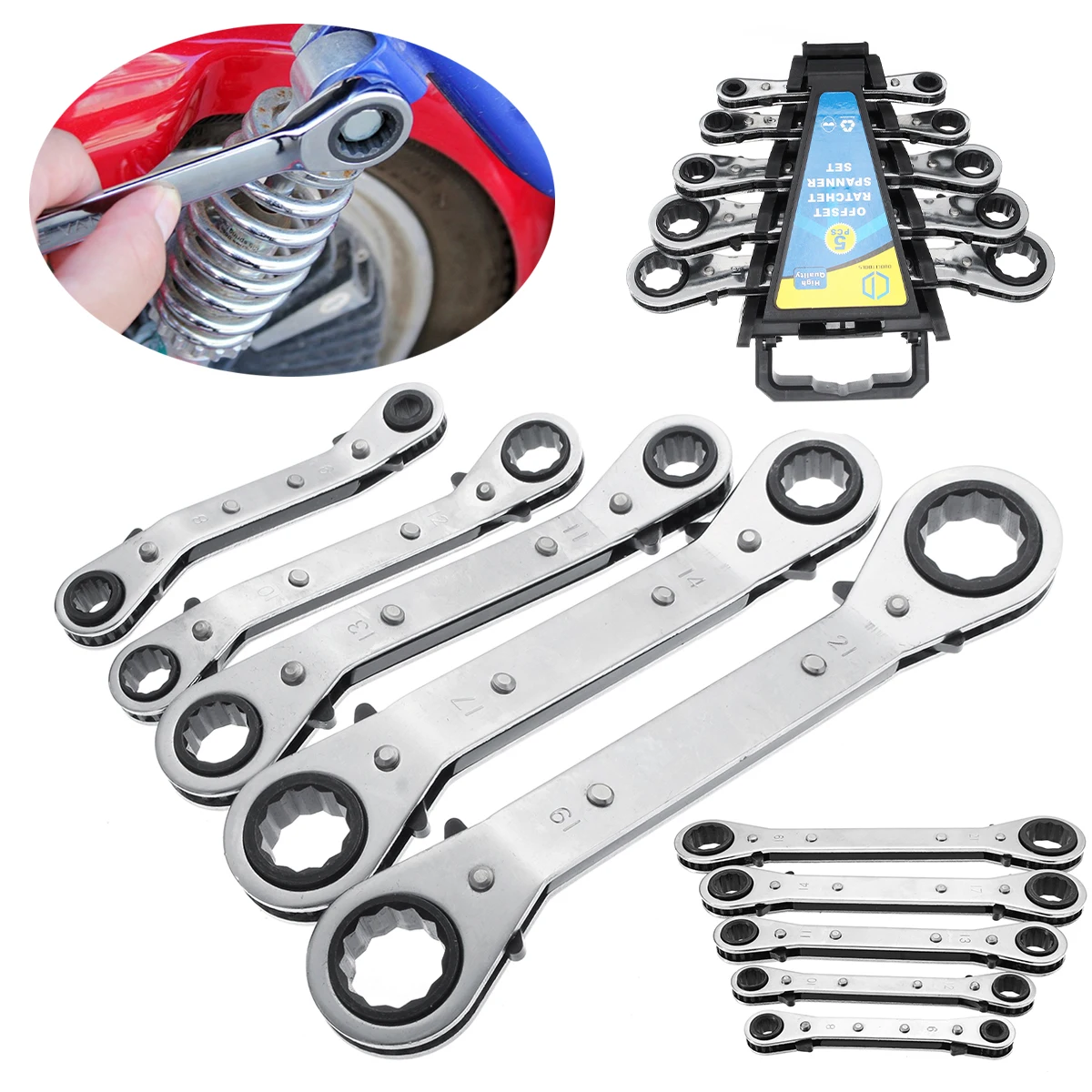 

5Pcs/Set Metric Offset Ring Wrench Spanner Bent/ Straight Handle 2 Type Ratchet Bushing Spanner Metric Multi DIY Hand Tool Set