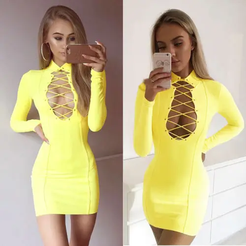 

Sexy Women Long Sleeve Bandage Long Sleeve Yellow Color Hollow Out Bodycon Evening Party Club Mini Dress