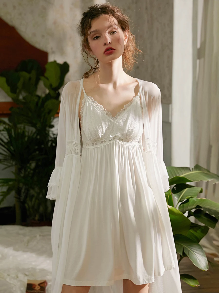 Летний комплект халатов, женская ночная рубашка, белое кружевное платье, Femme, кружевной халат и внутренний элегантный романтический свадебный халат, свадебный подарок