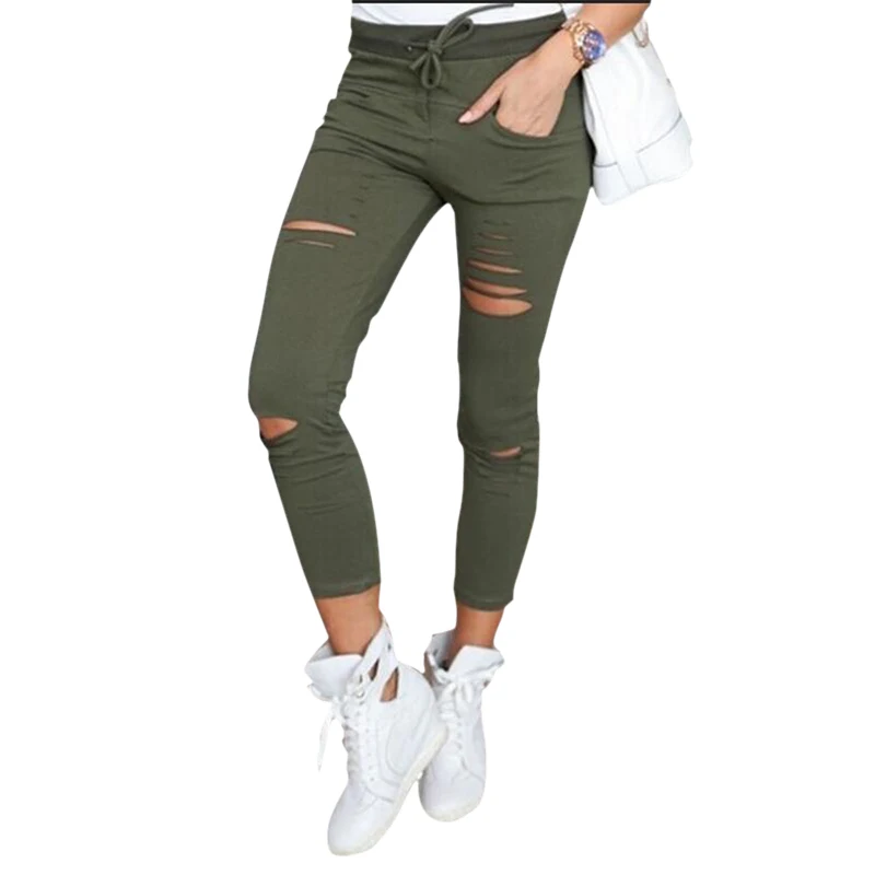 

Women Legging Cropped Pants Drawstring Slim High Waist Stretch Elastic Hole Pencil Trouser Plus Size AIC88