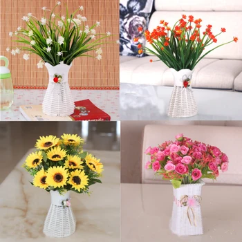 

One Set Artificial Flower Bouquet And Vase Wedding Pot Home Decoration Artificial Bonsai Plants Plastic Flower+Basket Vase