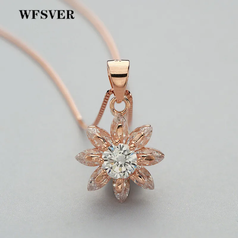 

WFSVER 925 Sterling Silver Necklace For Women Rose Gold Color Sun Flower Shape Crystal Pendant Necklace Korea Style Fine jewelry