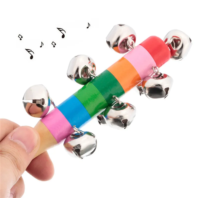 JIMITU Wooden Stick 10 Jingle Bells Rainbow Rattle Hand Shake Bell for Children Educational