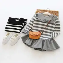 Милые полосатые платья с оборками для маленьких девочек; плотная теплая одежда с длинными рукавами для маленьких девочек; школьные платья; колготки