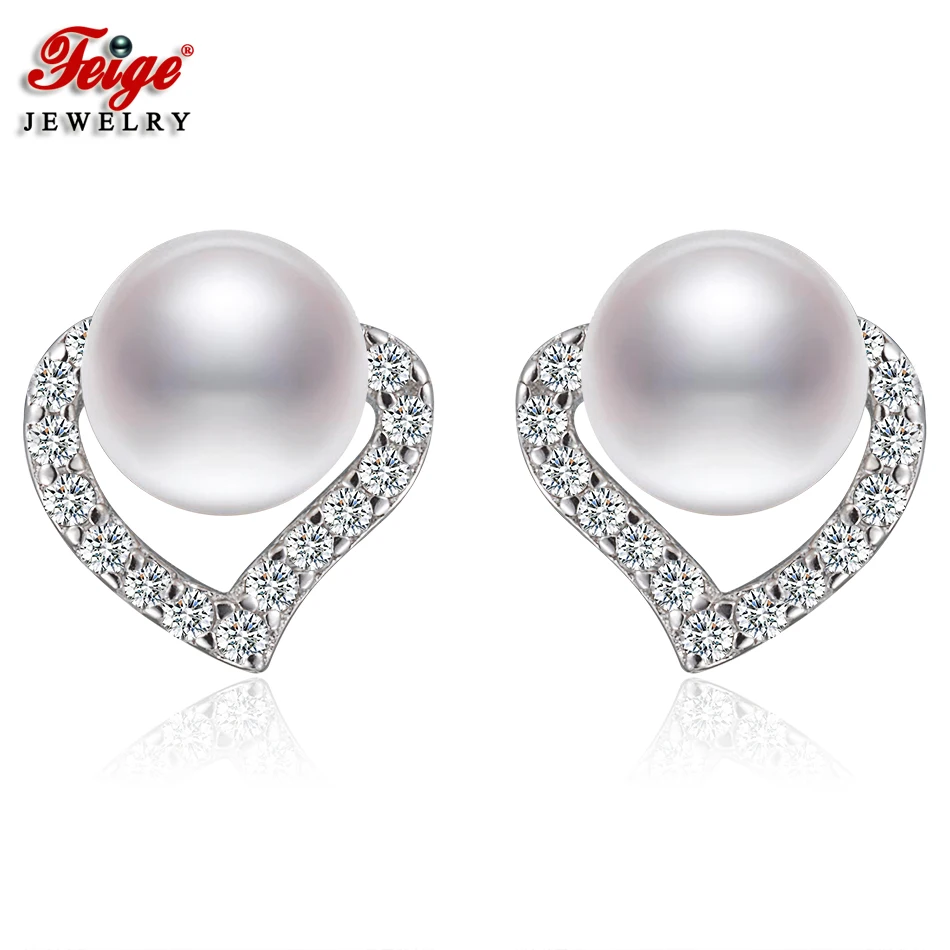 

FEIGE Fashion Heart Earrings Real 925 Sterling Silver Stud Earring 6-7mm White Freshwater Pearl Earrings for Women Fine Jewelry