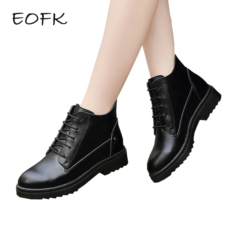 

EOFK Women Boots Women's Shoes Woman Split Leather Boots Winter Fashion Lace-Up Round Toe Black Female Casual Shoes