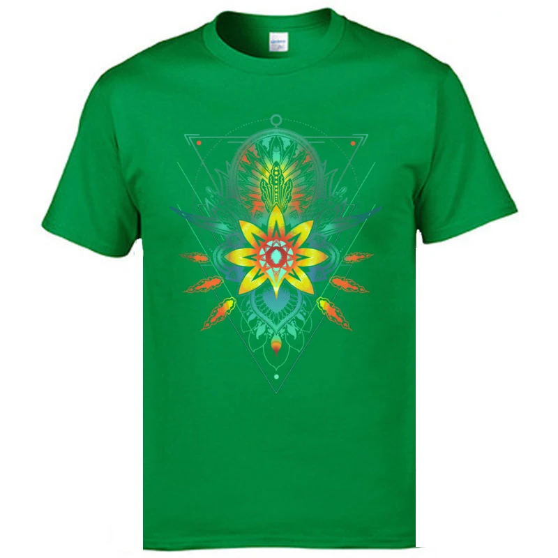 Tees Summer Clothing Shirt Summer Hip Hop comfortable Short Sleeve 100% Cotton Crewneck Mens T-Shirt comfortable Geometric Triangle Mandala Ornament Lotus Flower green