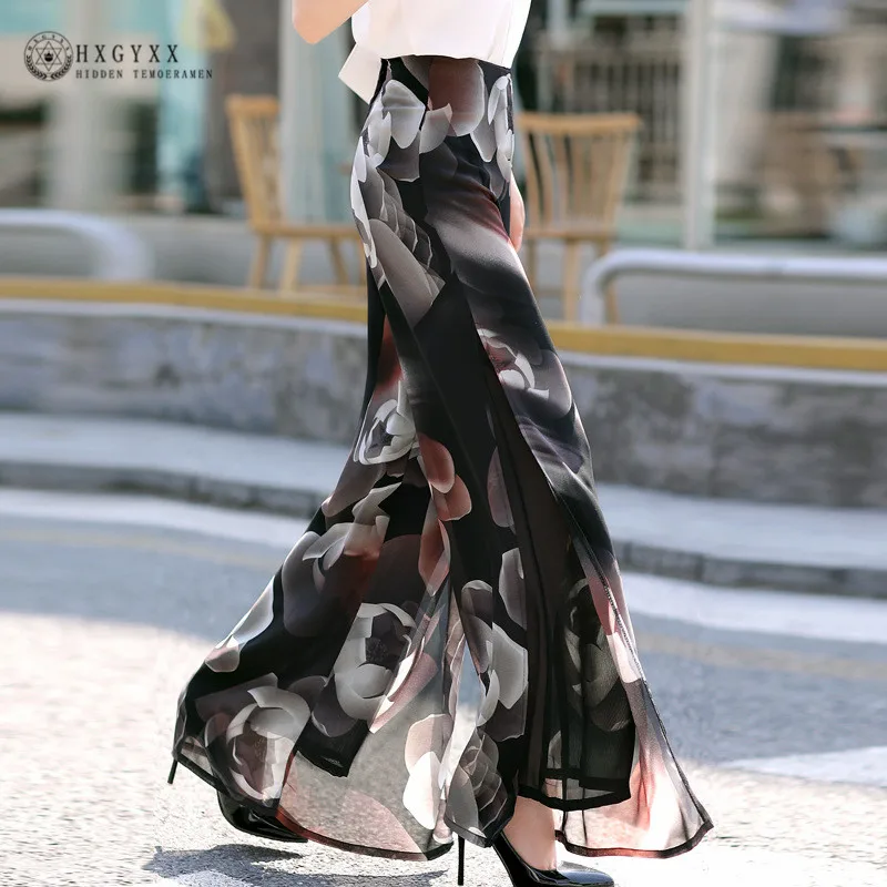 

2019 Summer Side Split Floral Print Trousers Woman Vacation Wide Leg Pants High Waist Chiffon Pants Female Streetwear Okd887