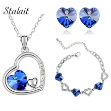 floating heart locket wedding brand jewelry sets Gold Color Austrian Crystal Heart pendant Necklace Earrings 83004