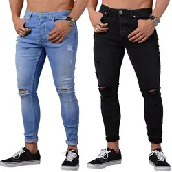 2018 Новый Модный Топ качество Для мужчин джинсы узкие джинсы Брюки Проблемные Rip Troursers эластичные джинсы уничтожено синие джинсы