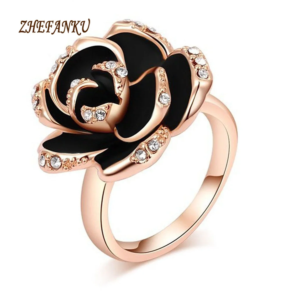 1 PCS Wholesale Fashion Black Rose Ring Gold Color with Genuine