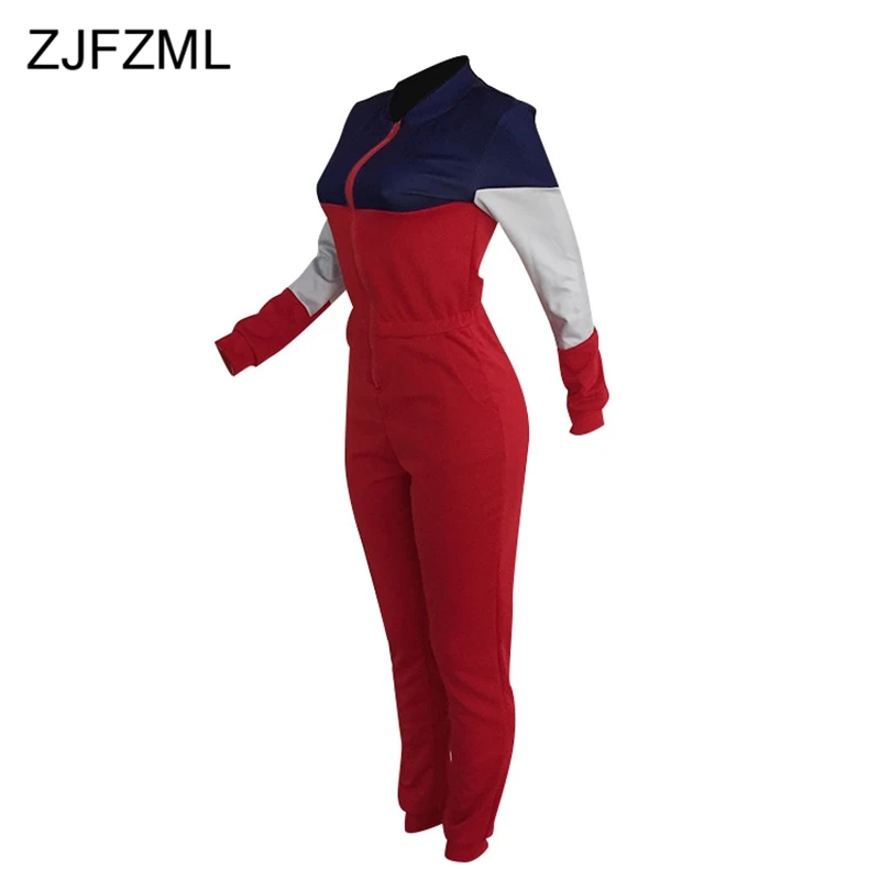 Contrast Color Casual Rompers Womens Jumpsuit Women Long Sleeve Front Zipper One Piece Overall Winter Pockets Plus Size Bodysuit